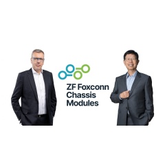 Dr. Holger Klein, Chairman of the Board of Management of ZF Friedrichshafen AG (left), and Young Liu, Chairman and CEO of Hon Hai Technology Group (Foxconn), with the brand logo of the new joint venture ZF Foxconn Chassis Modules. Picture credit: ZF
