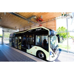 The fully electrified bus departs from the indoor station at Chalmers Campus Johanneberg.