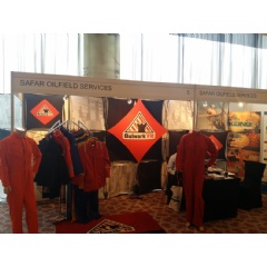 Safar displayed a wide range of oilfield safety equipment, including personal protective equipment, gloves, and boots.