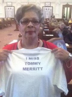 Senior Democrat Senfronia Thompson donned a t-shirt to express her thoughts on Merrits failed reelection run.