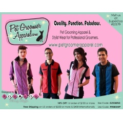Pet Groomer Apparel and Stylist Wear for Pet Groomers, Hair Stylists, and Barbers available at www.petgroomerapparel.com