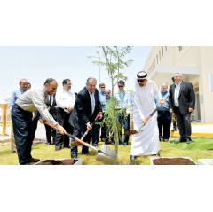 HE Khalid A. Al-Falih is joined by Andrew Liveris and Ahmed A. Al Saadi in a tree-planting ceremony to commemorate the commissioning of the last of the original 26 plants at the Sadara Chemical Company complex in Jubail Industrial City II.