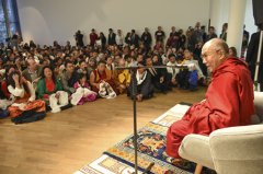 His Holiness the Dalai Lama addressing members of the local Tibetan community at the Museum for Modern Art in Frankfurt on 5/15/14 Photo Manuel Bauer