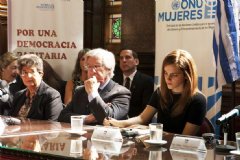 On her first country visit as UN Womens Goodwill Ambassador, British actor Emma Watson (right) visited Uruguays Parliament where she met with Vice President Danilo Astori (2nd right). Photo: UN Women/Marco Grob.
