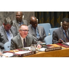 Under-Secretary-General for Political Affairs, Jeffrey Feltman (left), briefs the Security Council at its meeting on general issues relating to sanctions. UN Photo/Eskinder Debebe