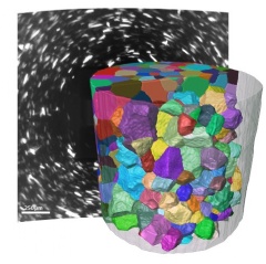 Non-destructive LabDCT 3D grain structure of iron. Internal crystallography (color) revealed by diffraction information (black and white).
