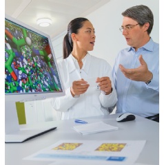 Chemist Dr. Fangfang Chu and simulation expert Dr. Eduard Schreiner discuss the computer simulation of a microencapsulation.