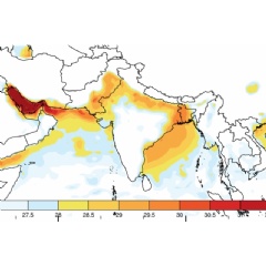 This map shows the maximum wet-bulb temperatures (which combine temperature and humidity) that have been reached in  the region of India, Pakistan, and Bangladesh since 1979.