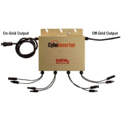 The graphic shows a 4-channel 1.2KW On/Off-Grid CyboInverter with an on-grid AC output port and an off-grid AC output port.