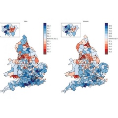 Life expectancy for men and women in each district in
England and Wales in 2030.
Source: The Lancet