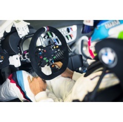 Preparations for 2015 24h Spa-Francorchamps (BE). Bruno Spengler in the cockpit, steering wheel.