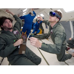 NASA and Microsoft engineers test Project Sidekick on NASAs Weightless Wonder C9 jet. Project Sidekick will use Microsoft HoloLens to provide virtual aid to astronauts working on the International Space Station.
Credits: NASA