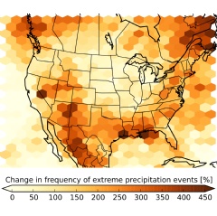 The figure shows the expected increase in the number of summertime storms that produce extreme precipitation at centurys end compared to the period 2000 - 2013. UCAR. Courtesy Andreas Prein, NCAR.