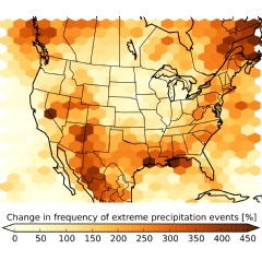 The figure shows the expected increase in the number of summertime storms that produce extreme precipitation at century’s end compared to the period 2000 - 2013. ©UCAR. Courtesy Andreas Prein, NCAR.