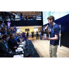 Malcolm Miller of Loudoun Valley High School in Purcellville, VA, presents their solar powered alert system for nature trails at the Samsung Solve for Tomorrow Finalist Pitch Event on Tuesday, March 15, 2016 in New York.