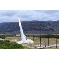 A sounding rocket designed and launched by Sandia National Laboratories lifts off from the Kauai Test Facility in Hawaii on April 24. (Photo by Mike Bejarano and Mark Olona)
