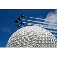 The United States Navy Blue Angels flight demonstration squadron flies over Epcot in Lake Buena Vista, Fla., May 2, 2019. Flying just 500 feet above the ground, the elite squadron  en route to an airshow in Ft. Lauderdale, FL - thrilled Epcot guests