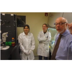 Mater Dei Academy of Science student, Diana De La Toba (left) pictured in the lab with her mentor Dr. Danielle Skinner and Skaggs School Dean Dr. James McKerrow. De La Toba participated in a summer internship program supported by a grant from ALSAM.