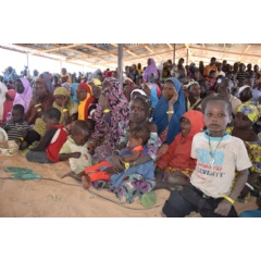Newly arrived Nigerian refugees attend a meeting in Dar es salam camp, Chad, January 2019. © UNHCR/Aristophane Ngargoune