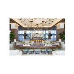 The Dalmar offers guests a relaxed and tropical environment with public areas that express a fresh and playful character through their layering of textures and finishes, vibrant jewel tone colors and dynamic contemporary art. -CREDIT: Marriott-