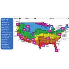 Map of U.S. climate zones. Zone 7 (not shown) includes most of Alaska. Zone 1 includes Hawaii, Guam, Puerto Rico, & the Virgin Islands. (Credit: Solar-Reflective Cool Walls: Benefits, Technologies, & Implementation, Appendix P/CAL Energy Commission