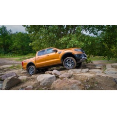2019 Ford Ranger: A first-ever offering from Ford, the off-road leveling kits bring FOX™ shocks, exclusive Ford Performance tuning, 2-inch front lift, new front coilovers, vehicle-specific upper front mounts and locking spring pre-load rings