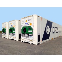 Shown here are several of DFDS Logistics’ 50 new 45-foot intermodal containers refrigerated by Carrier Transicold NaturaLINE® units, the only container refrigeration system that uses a natural refrigerant with an ultra-low global warming potential.