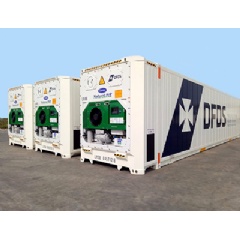 Shown here are several of DFDS Logistics 50 new 45-foot intermodal containers refrigerated by Carrier Transicold NaturaLINE units, the only container refrigeration system that uses a natural refrigerant with an ultra-low global warming potential.