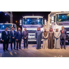 Mr. Rudrarup Maitra, Head International Business, Commercial Vehicles, Tata Motors Ltd. along with Mr. K. Jeeva Sagar, Indian Ambassador to Kuwait and Mr. Nail Alzayani, Managing Director, Al Zayani Group with Tata Motors (see complete caption below)