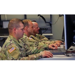 Army Air Defense Artillery soldiers participating in an IBCS Agile Pilot Sprint Review at one of Northrop Grumman’s software integration laboratories in Huntsville, Alabama.