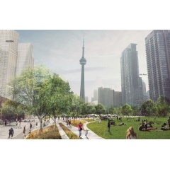 Artist rendering of Rail Deck Park, looking east along Front Street towards Spadina Avenue, with the portion of the park extending to Blue Jays Way in the distance. Click for larger image.