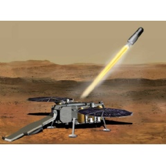 This illustration shows a concept of how the NASA Mars Ascent Vehicle, carrying tubes containing rock and soil samples, could be launched from the surface of Mars in one step of the Mars sample return mission. NASA/JPL-Caltech