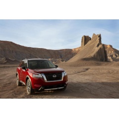 2022 Nissan Pathfinder. The larger design of the new face of Pathfinder conveys size and strength which, along with larger tires, gives it an authentic, rugged SUV look.