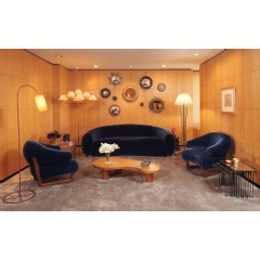 A selection of highlights featuring furniture and lighting by Jean Royère, mirrors by Line Vautrin, and ceramics by Georges Jouve.
Photography Credit: Reid Baker