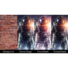 Project almost anywhere  This graphic shows the results of Mystique V2.5s camera-based background compensation correcting an image projected on a brick wall.