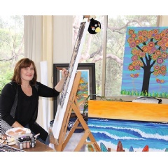 Ms Lisa Frances Judd at work, creating joyful art, in her Blue Mountains, NSW Art Studio.