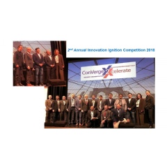 Top Inset Photo, left to right: Editor-in-Chief, John Halamka, MD, 1st Place Winner: Happify Health, 2nd Place Winner: BitMed; 3rd Place Winner, WillChain, and Tory Cenaj, Publisher. Photo Lower Right: Competition judges and contestants