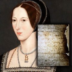 Queen Anne Boleyn with an image of the watermark on the Letter from the Tower, courtesy of the British Library Board