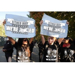 Supporters of the ’Either Way...’ movement in Europe demonstrating their opposition to both primary US Presidential candidates in London.