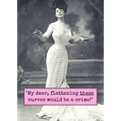 A fridge magnet from SeekCraft.bigcartel.com featuring a voluptuous and corseted actress from the 1800s is captioned, “My dear, flattening these curves would be a crime!”