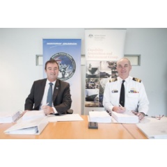 Ian Irving, chief executive, Northrop Grumman Australia, and Rear Admiral Tony Dalton, Head of the Joint Systems Division for the Australian Defence Force, sign the Joint Project 2008 Phase 5B2 contract.