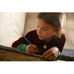  UNICEF/UNI156405/Noorani
On 7 December 2013 in Lebanon, Aliya, 7, completes homework in the tent she shares with 16 family members in an informal tented settlement for Syrian refugees in Dalhamieh, a small village in the Bekaa Valley.
