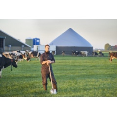 Dairy farmer Heeg in front of the first monofermentation system at dairy farm Sassinga in Hinnaard (Friesland, the Netherlands)