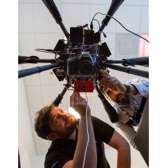 Northrop Grumman engineers Charlie Welch and Greg Kravit work on their hexacopter sensor suite in the San Diego FabLab.