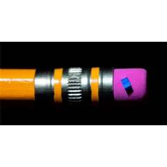 A 2018 photo shows Intel’s new quantum computing chip balanced on a pencil eraser. Researchers started testing this “spin qubit chip” at the extremely low temperatures necessary for quantum computing: about 460 degrees below zero Fahrenheit.