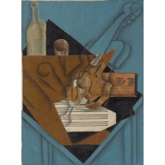 Juan Gris (Spanish, 18871927). The Musicians Table, 1914. Charcoal, wax crayon, gouache, cut-and-pasted printed wallpaper, blue and white laid papers, transparentized paper, newsprint, and brown wrapping paper; selectively varnished on canvas.