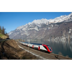 The BOMBARDIER TWINDEXX double-deck train at Switzerlands Walensee