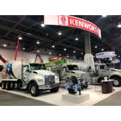 Kenworths 2019 World of Concrete booth features, from left, a Kenworth T880S mixer, Kenworth T880 pumper, and the new Kenworth T880S Twin Steer mixer. World of Concrete opened today in Las Vegas.