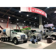 Kenworth’s 2019 World of Concrete booth features, from left, a Kenworth T880S mixer, Kenworth T880 pumper, and the new Kenworth T880S Twin Steer mixer. World of Concrete opened today in Las Vegas.