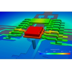 temperature profile of 3D structures inside a package with metal interconnects, as generated by the Cadence Celsius Thermal Solver